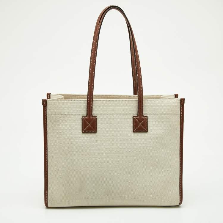 Pre Owned Burberry Beige/Tan Canvas and Leather Medium Freya Shopper Tote