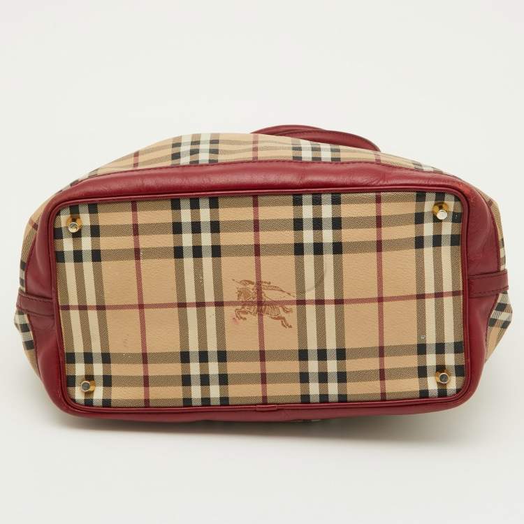 Pre Owned Burberry Red./Beige Haymarket Check Canvas and Leather Medium Golderton Tote