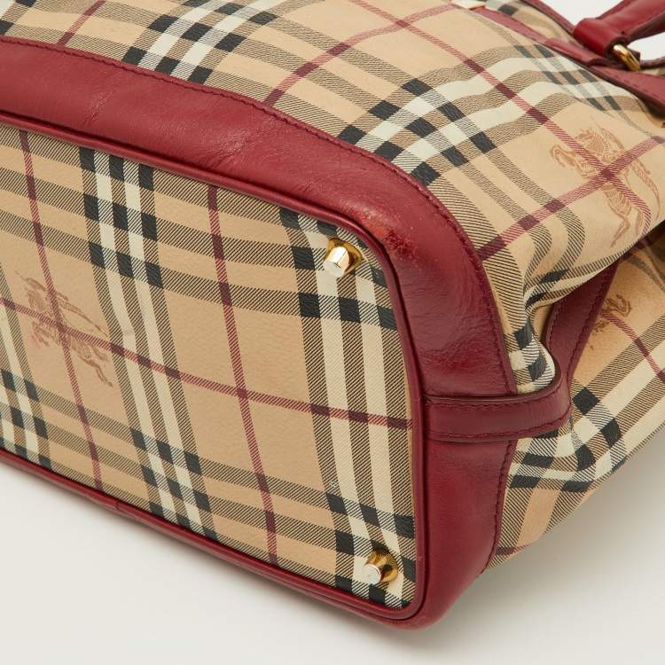 Pre Owned Burberry Red./Beige Haymarket Check Canvas and Leather Medium Golderton Tote