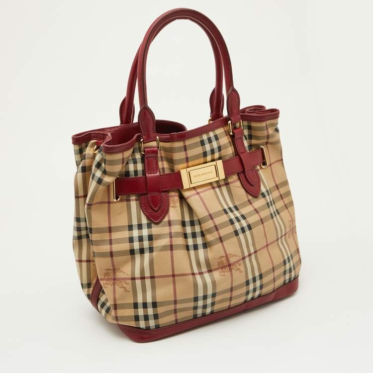Pre Owned Burberry Red./Beige Haymarket Check Canvas and Leather Medium Golderton Tote