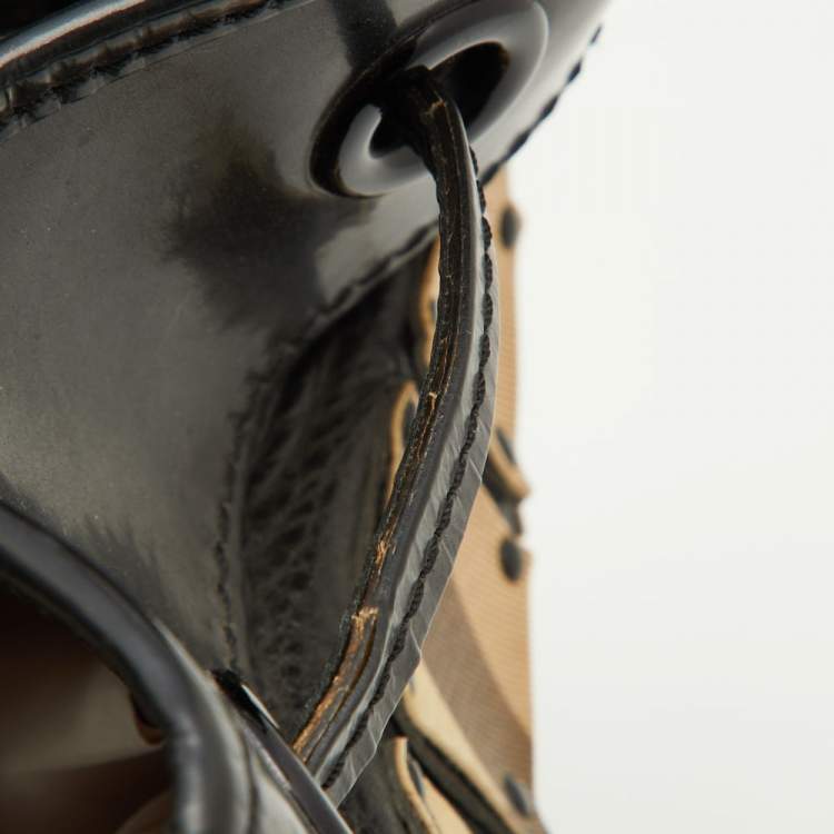 Pre Owned Burberry Beige/Black Nova Check Coated Canvas and Patent Leather Warrior Tote