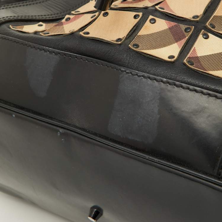 Pre Owned Burberry Beige/Black Nova Check Coated Canvas and Patent Leather Warrior Tote