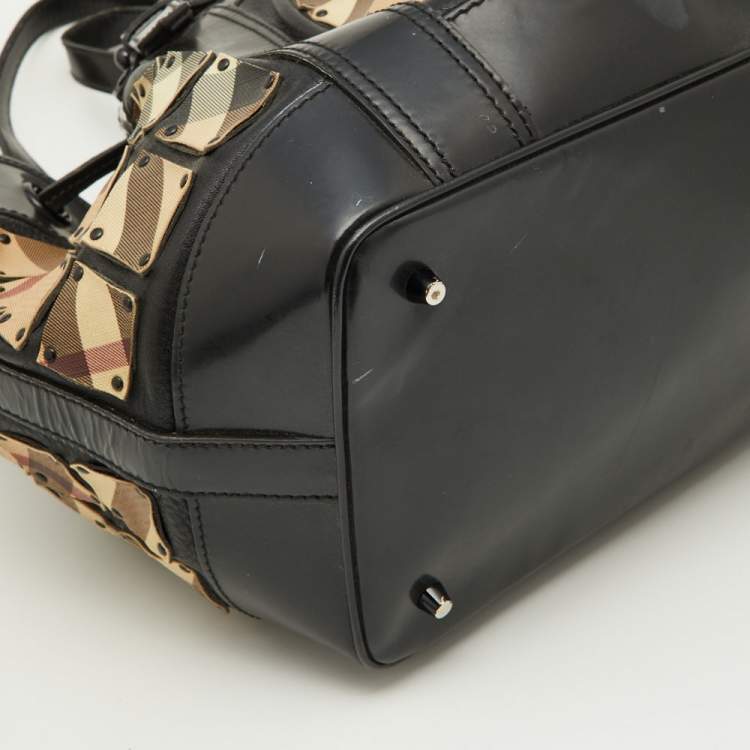 Pre Owned Burberry Beige/Black Nova Check Coated Canvas and Patent Leather Warrior Tote