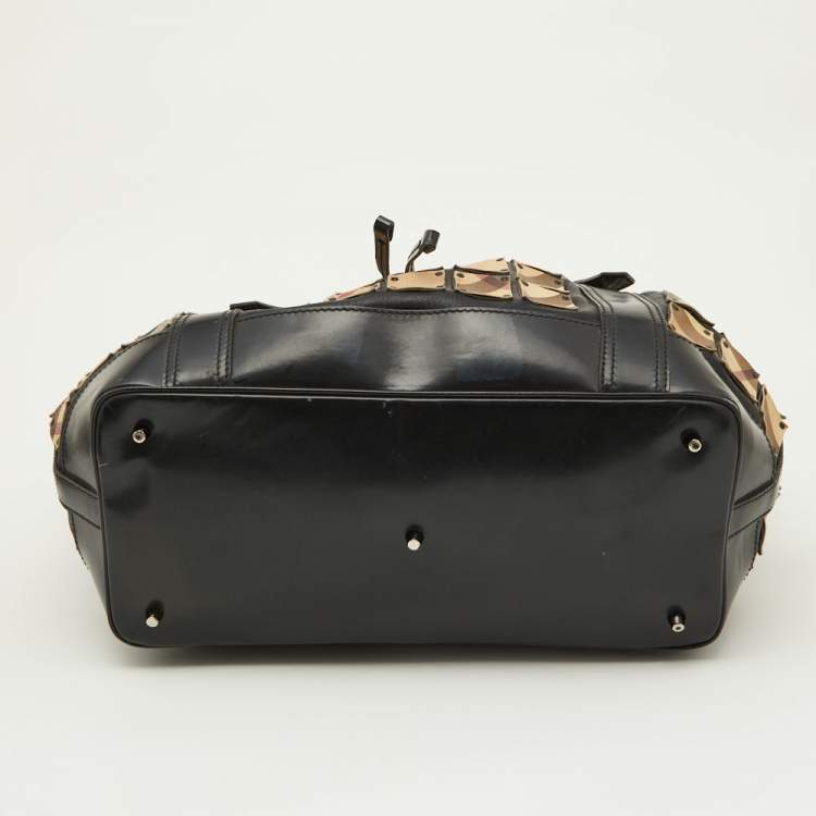 Pre Owned Burberry Beige/Black Nova Check Coated Canvas and Patent Leather Warrior Tote