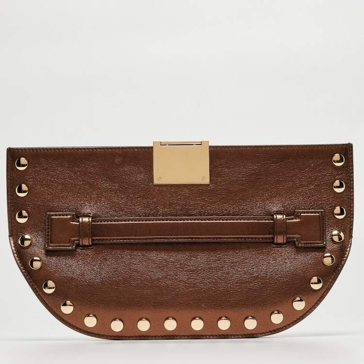 Pre Owned Burberry Bronze Leather Studded Olympia Clutch