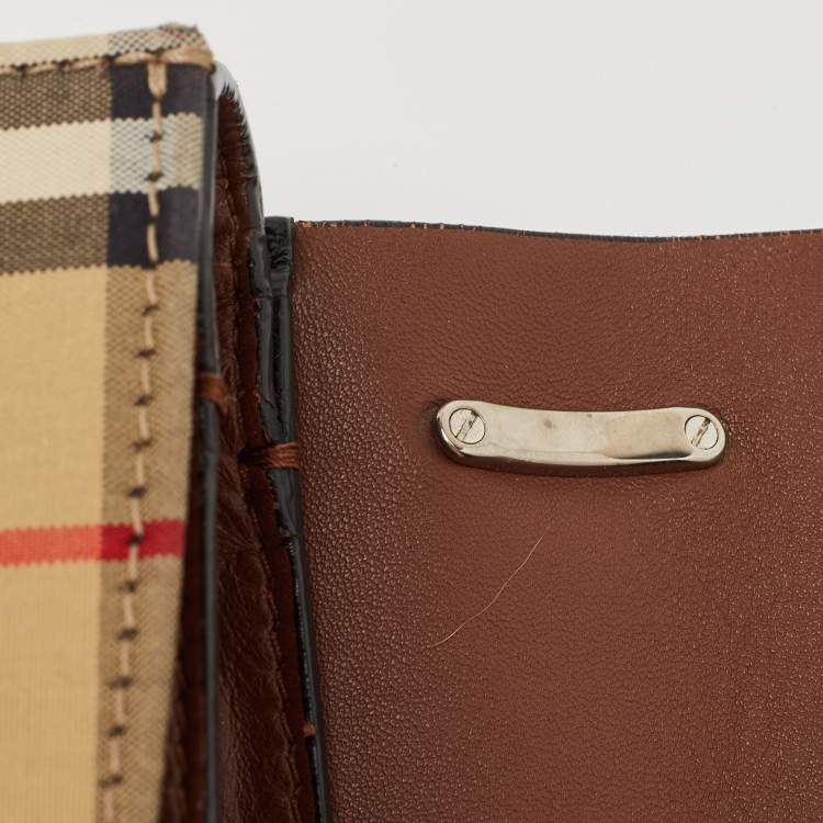 Pre Owned Burberry Black/Beige House Check Fabric and Leather D Ring Shoulder Bag