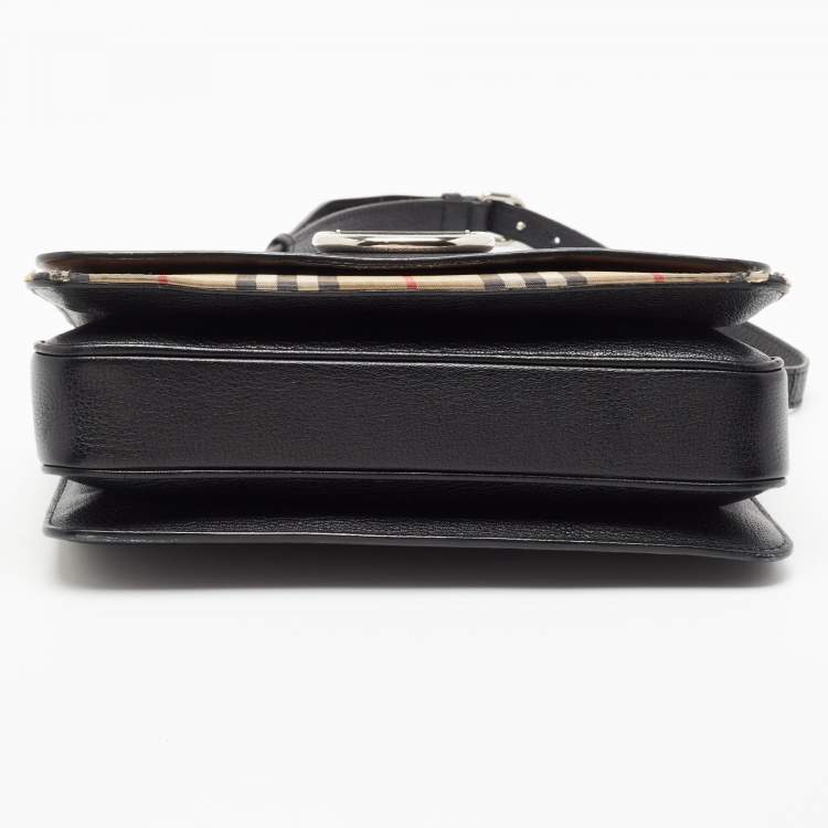 Pre Owned Burberry Black/Beige House Check Fabric and Leather D Ring Shoulder Bag