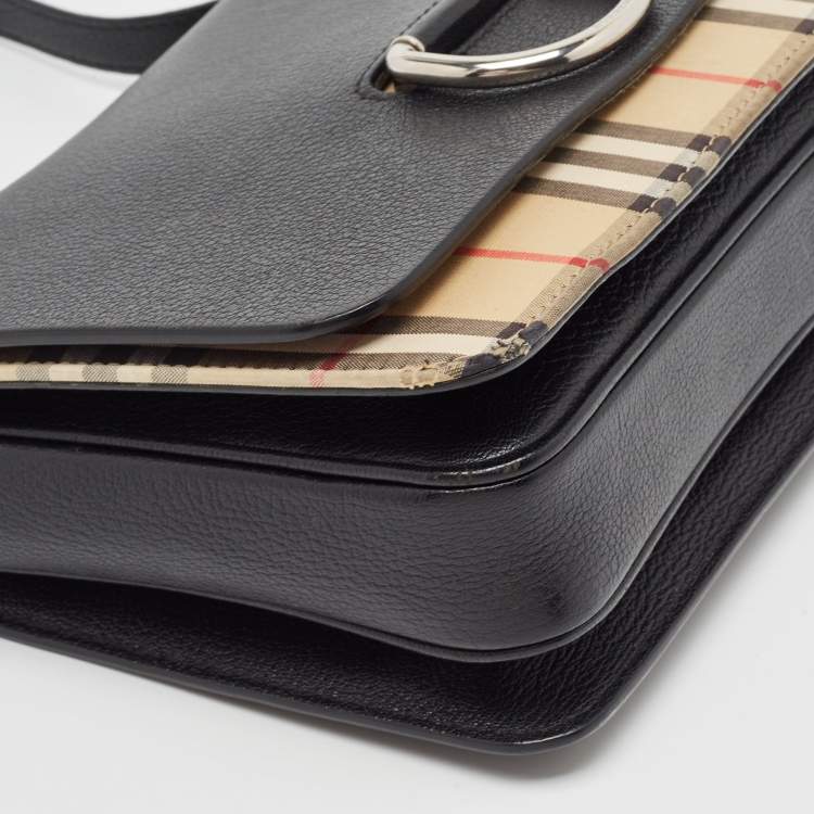 Pre Owned Burberry Black/Beige House Check Fabric and Leather D Ring Shoulder Bag