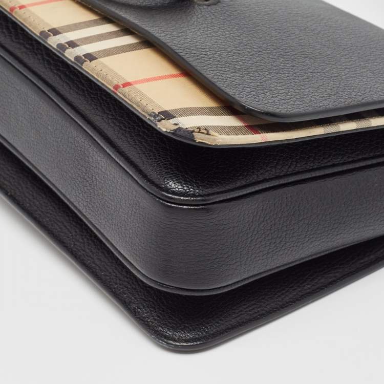 Pre Owned Burberry Black/Beige House Check Fabric and Leather D Ring Shoulder Bag