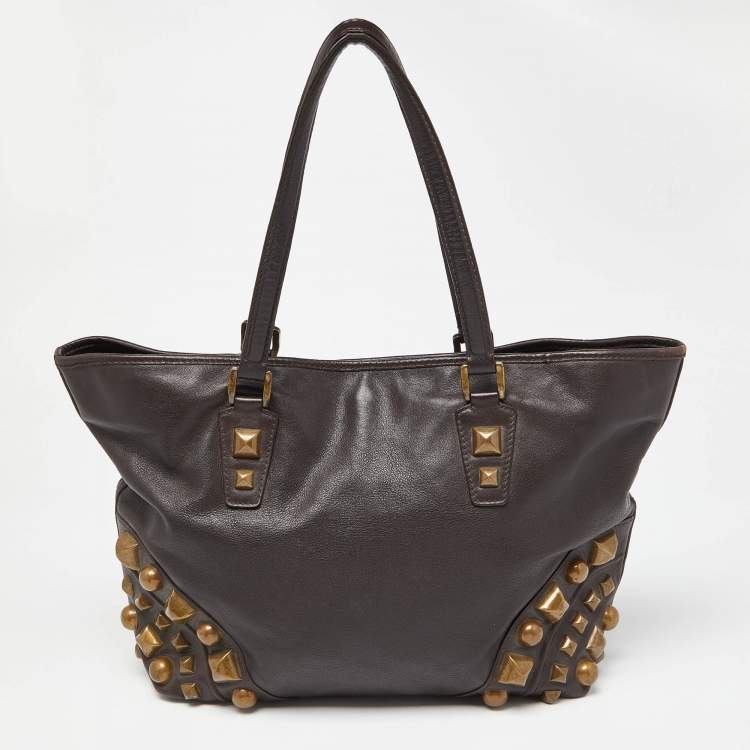Pre Owned Burberry Brown Studded Leather Shopper Tote