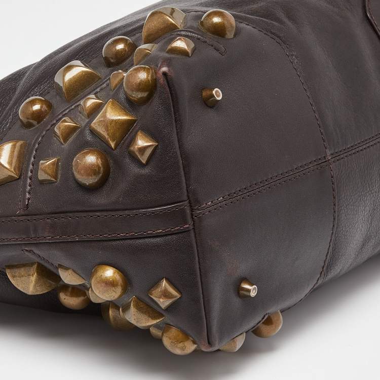 Pre Owned Burberry Brown Studded Leather Shopper Tote