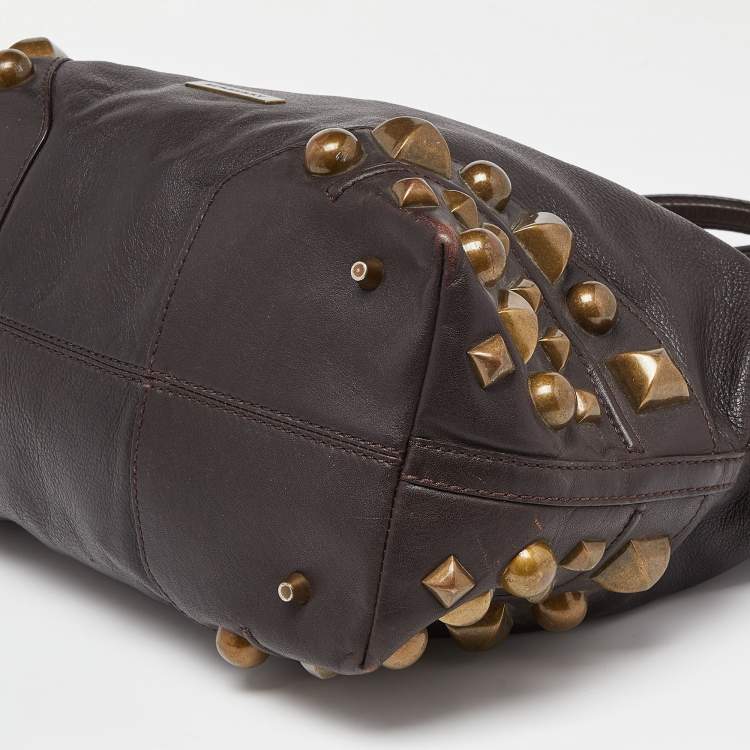 Pre Owned Burberry Brown Studded Leather Shopper Tote