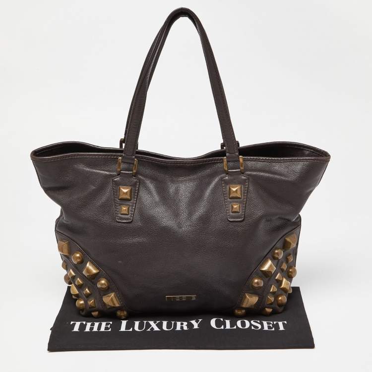 Pre Owned Burberry Brown Studded Leather Shopper Tote