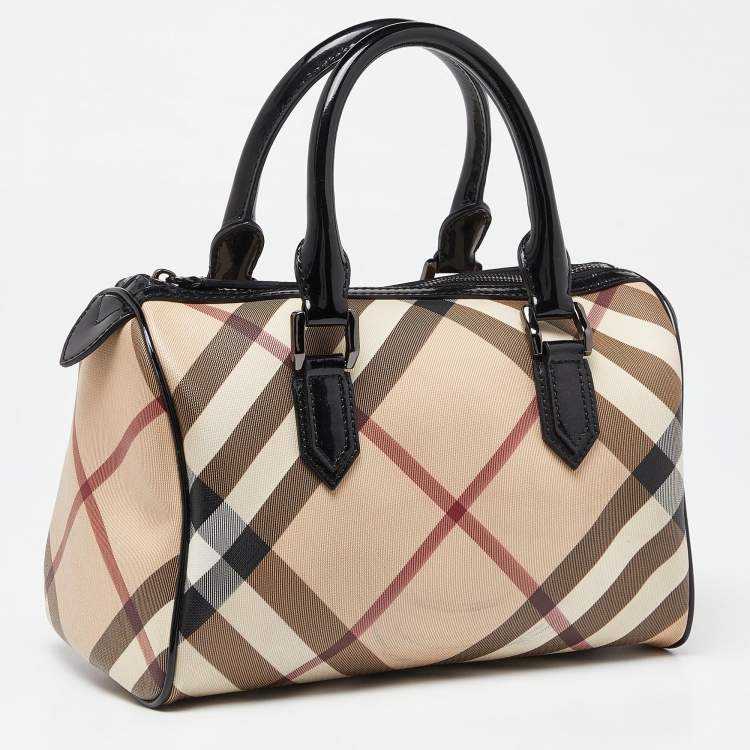 Pre Owned Burberry Beige/Black Nova Check PVC and Patent Leather Chester Boston Bag