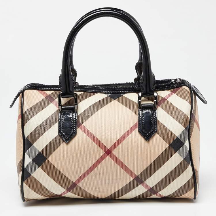 Pre Owned Burberry Beige/Black Nova Check PVC and Patent Leather Chester Boston Bag