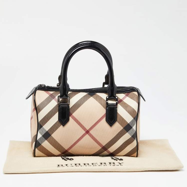 Pre Owned Burberry Beige/Black Nova Check PVC and Patent Leather Chester Boston Bag