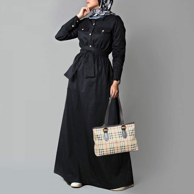 Pre Owned Burberry Beige/Brown Haymarket Check PVC and Leather Medium Regent Tote