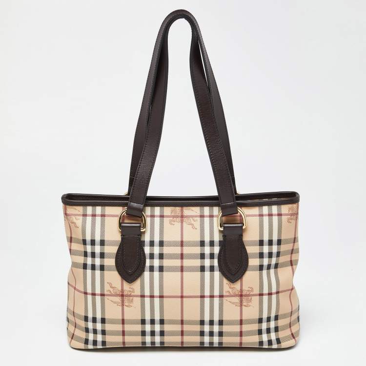 Pre Owned Burberry Beige/Brown Haymarket Check PVC and Leather Medium Regent Tote