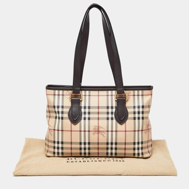 Pre Owned Burberry Beige/Brown Haymarket Check PVC and Leather Medium Regent Tote