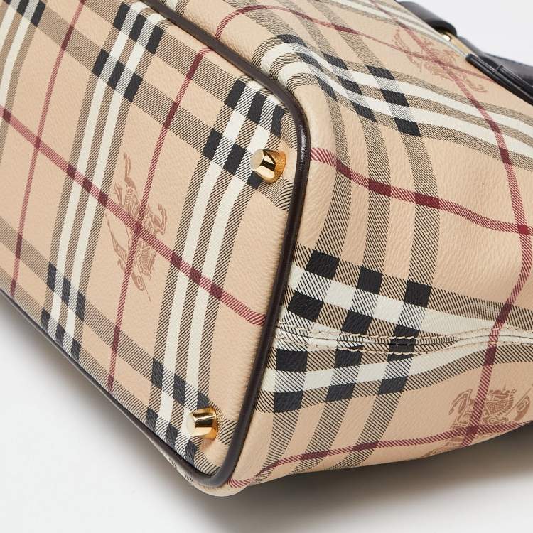 Pre Owned Burberry Beige/Brown Haymarket Check PVC and Leather Medium Regent Tote