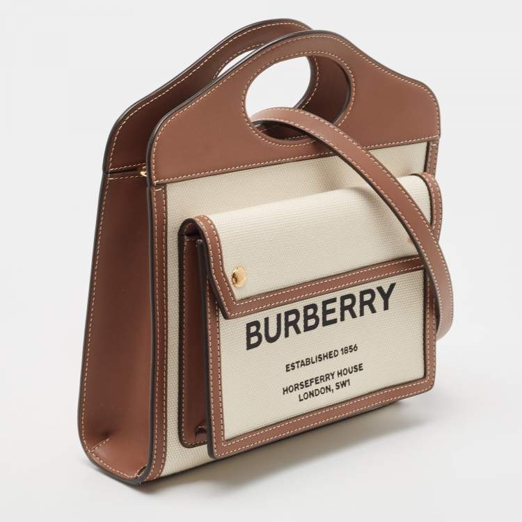 Pre Owned Burberry Brown/Cream Leather and Canvas Mini Pocket Tote