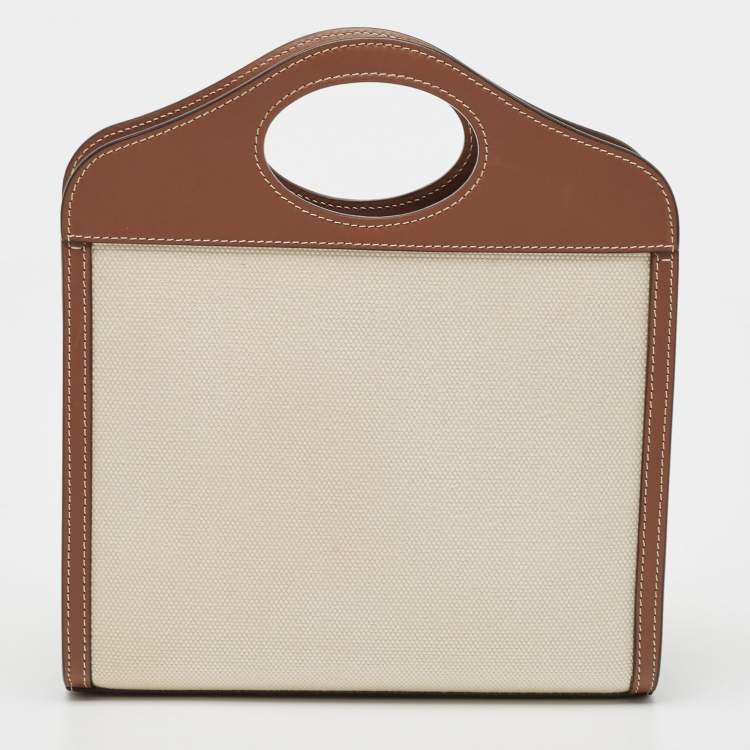Pre Owned Burberry Brown/Cream Leather and Canvas Mini Pocket Tote