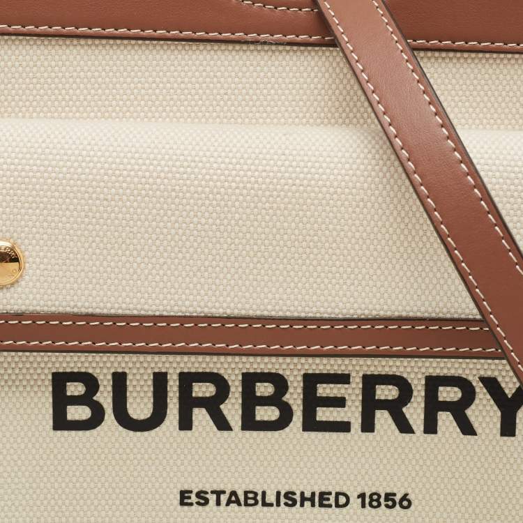 Pre Owned Burberry Brown/Cream Leather and Canvas Mini Pocket Tote