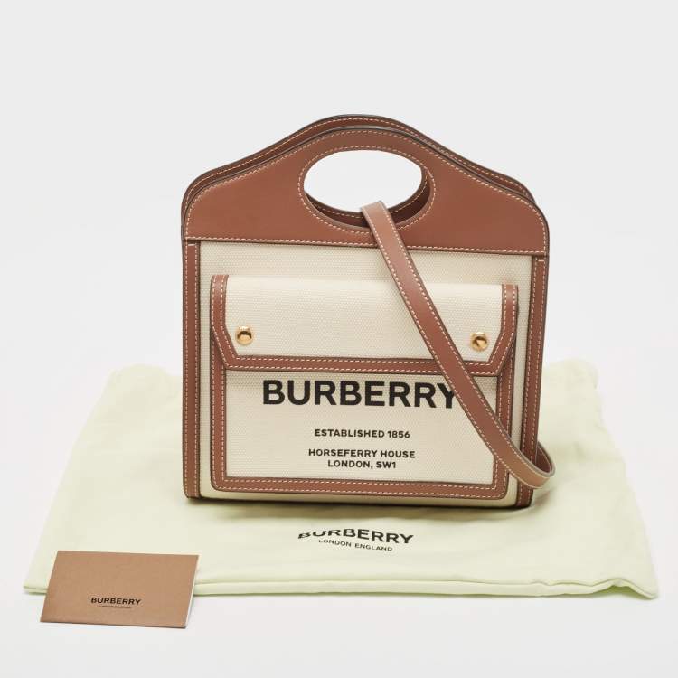 Pre Owned Burberry Brown/Cream Leather and Canvas Mini Pocket Tote