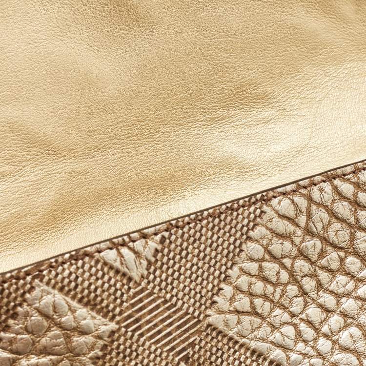 Pre Owned Burberry Gold Embossed Check Leather Flap Crossbody Bag