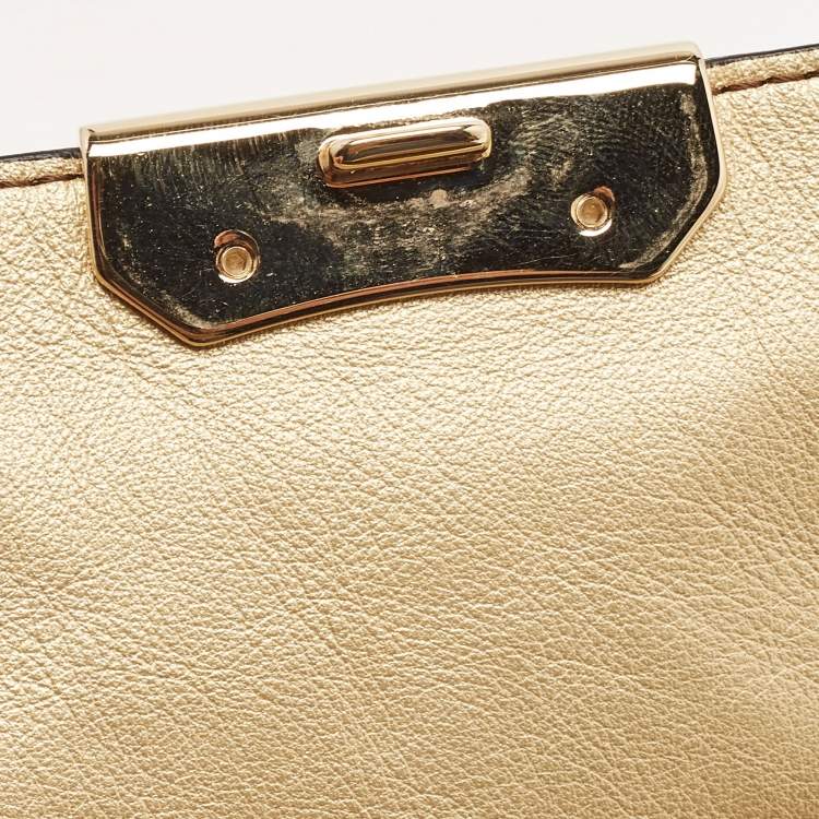 Pre Owned Burberry Gold Embossed Check Leather Flap Crossbody Bag