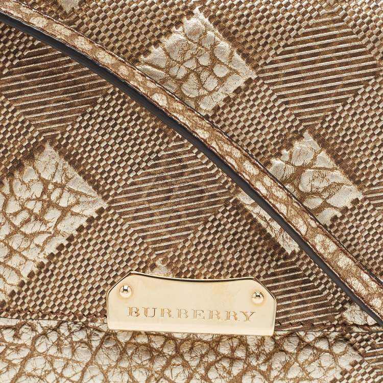 Pre Owned Burberry Gold Embossed Check Leather Flap Crossbody Bag