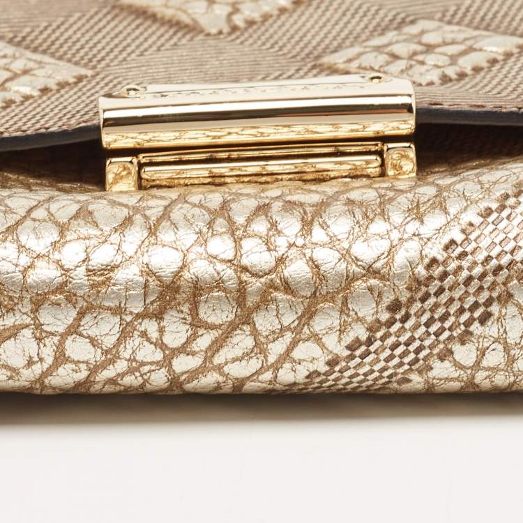 Pre Owned Burberry Gold Embossed Check Leather Flap Crossbody Bag