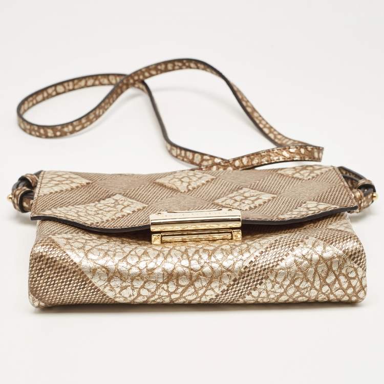 Pre Owned Burberry Gold Embossed Check Leather Flap Crossbody Bag