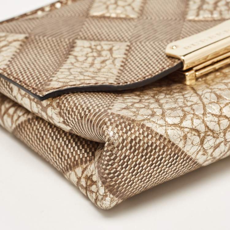 Pre Owned Burberry Gold Embossed Check Leather Flap Crossbody Bag