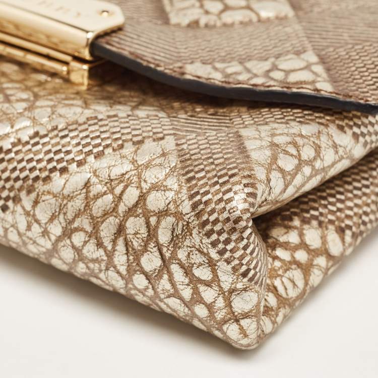 Pre Owned Burberry Gold Embossed Check Leather Flap Crossbody Bag