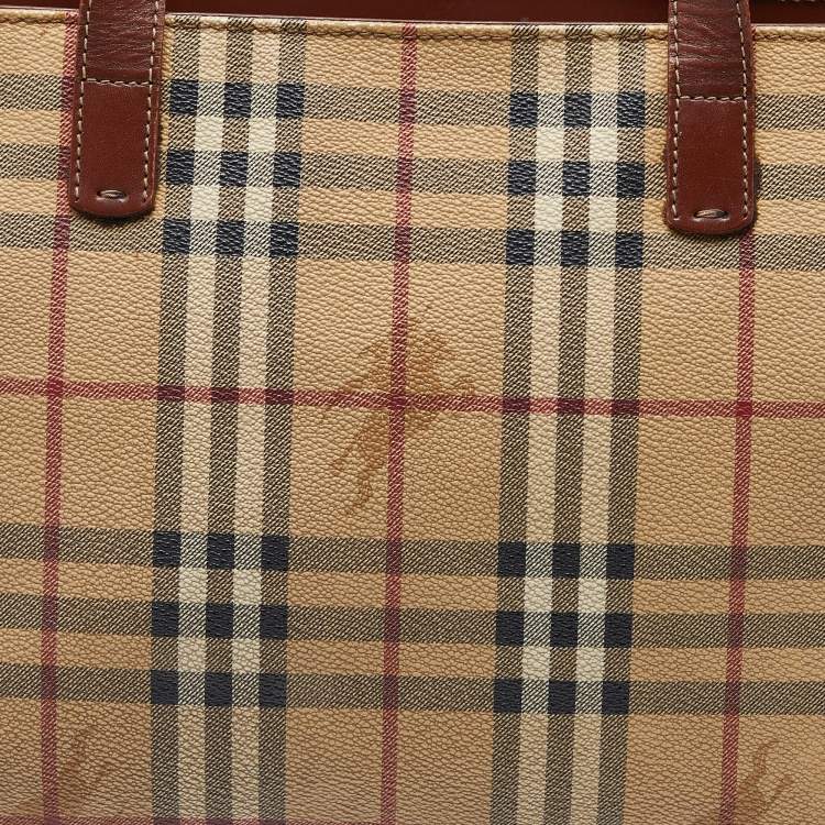 Pre Owned Burberry Brown/Beige Haymarket PVC and Leather Zip Tote