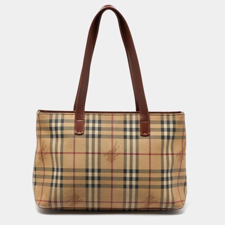 Pre Owned Burberry Brown/Beige Haymarket PVC and Leather Zip Tote