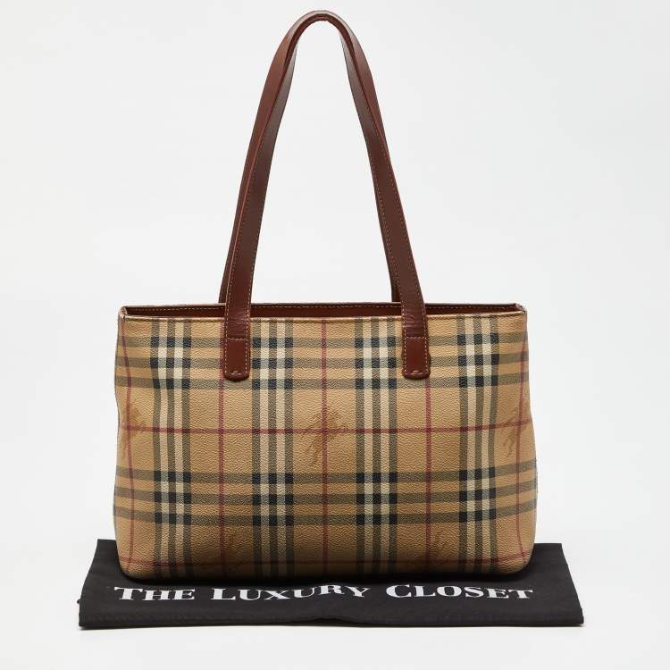 Pre Owned Burberry Brown/Beige Haymarket PVC and Leather Zip Tote