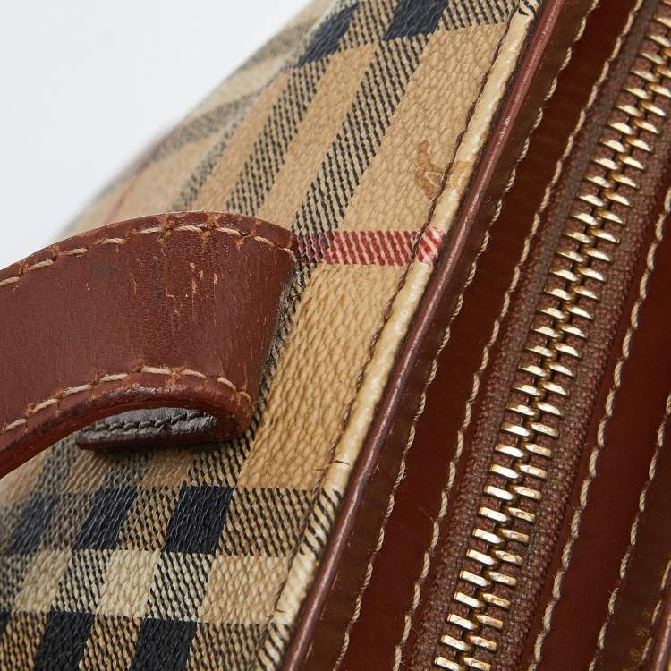 Pre Owned Burberry Brown/Beige Haymarket PVC and Leather Zip Tote