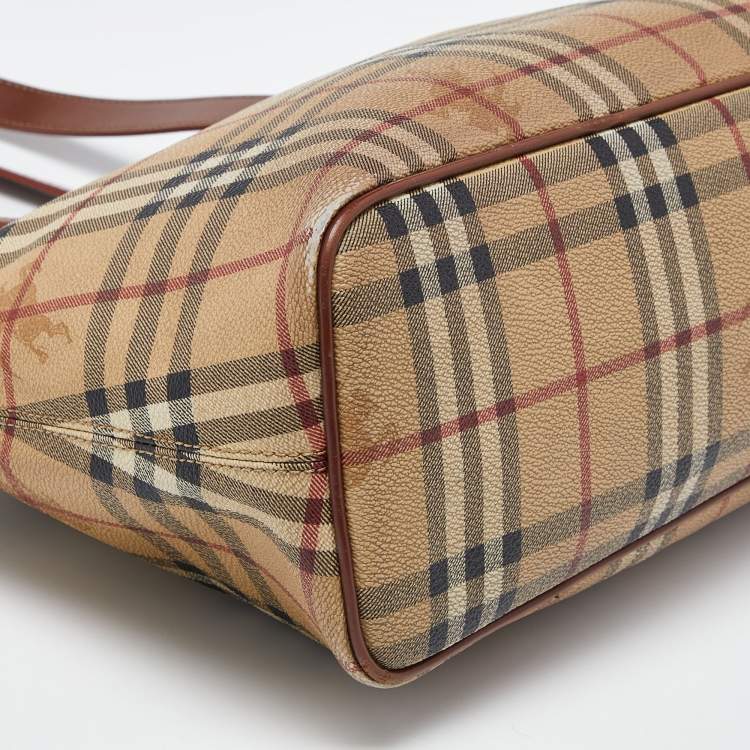 Pre Owned Burberry Brown/Beige Haymarket PVC and Leather Zip Tote