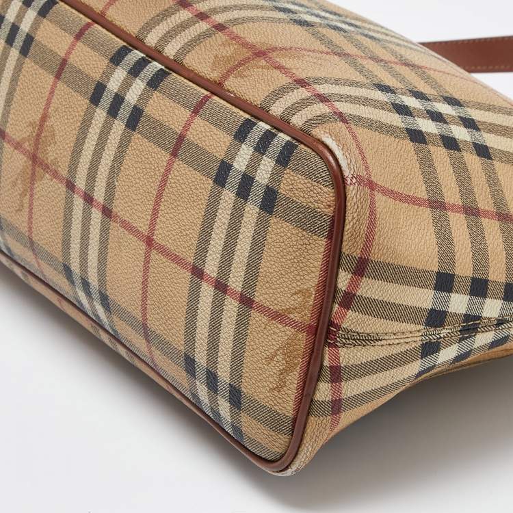 Pre Owned Burberry Brown/Beige Haymarket PVC and Leather Zip Tote