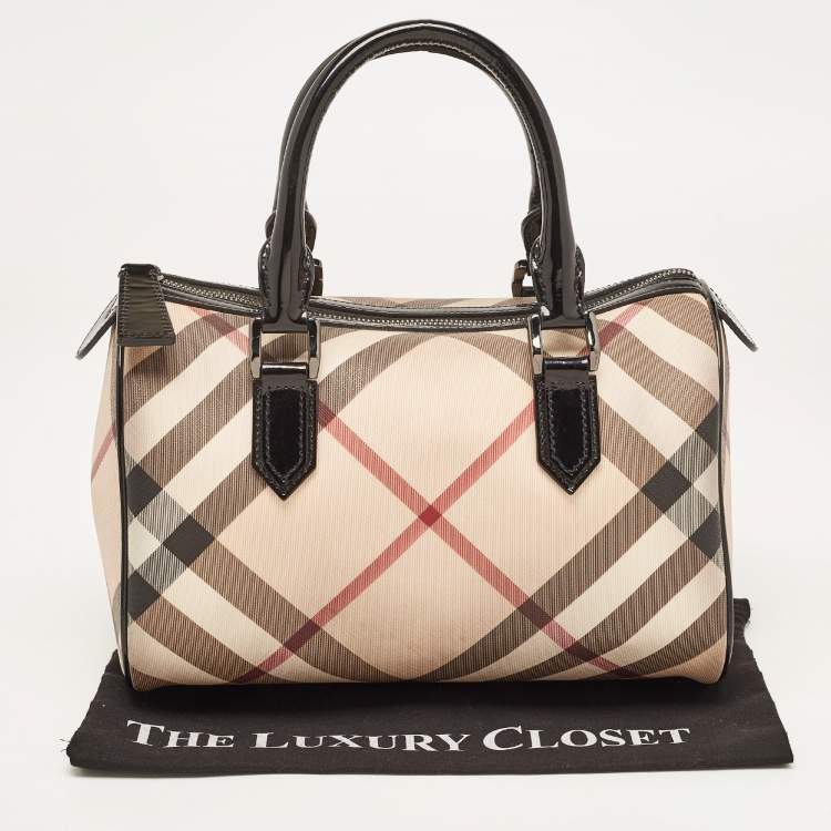 Pre Owned Burberry Beige/Black Nova Check PVC and Patent Leather Chester Boston Bag