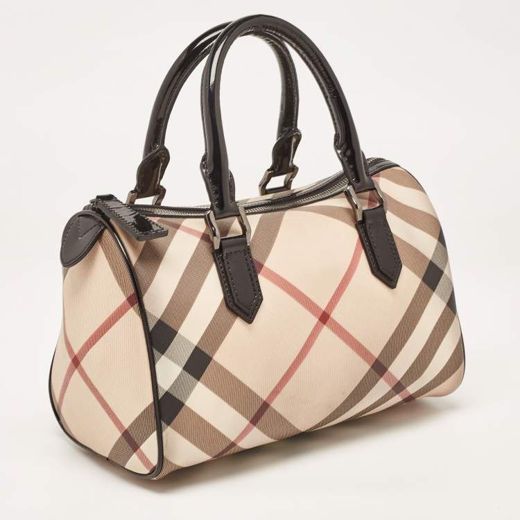 Pre Owned Burberry Beige/Black Nova Check PVC and Patent Leather Chester Boston Bag