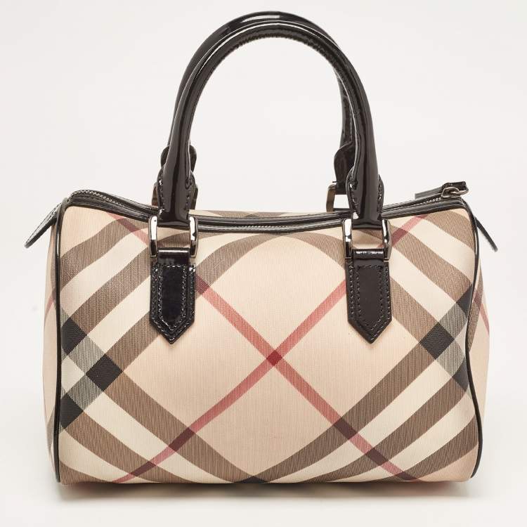 Pre Owned Burberry Beige/Black Nova Check PVC and Patent Leather Chester Boston Bag