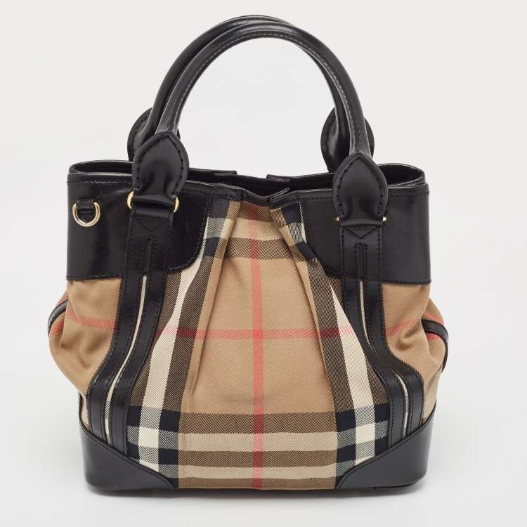 Pre Owned Burberry Black House Check Canvas and Leather Bridle Whipstitch Tote