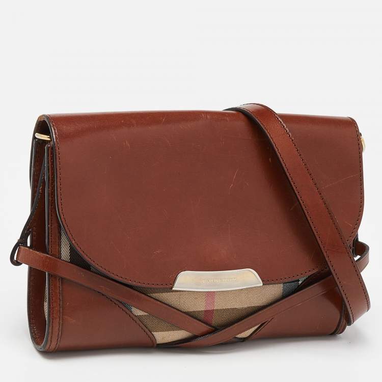 Pre Owned Burberry Brown/Beige House Check Canvas and Leather Abbott Shoulder Bag