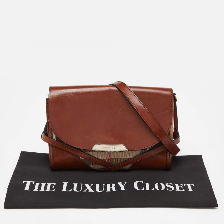Pre Owned Burberry Brown/Beige House Check Canvas and Leather Abbott Shoulder Bag