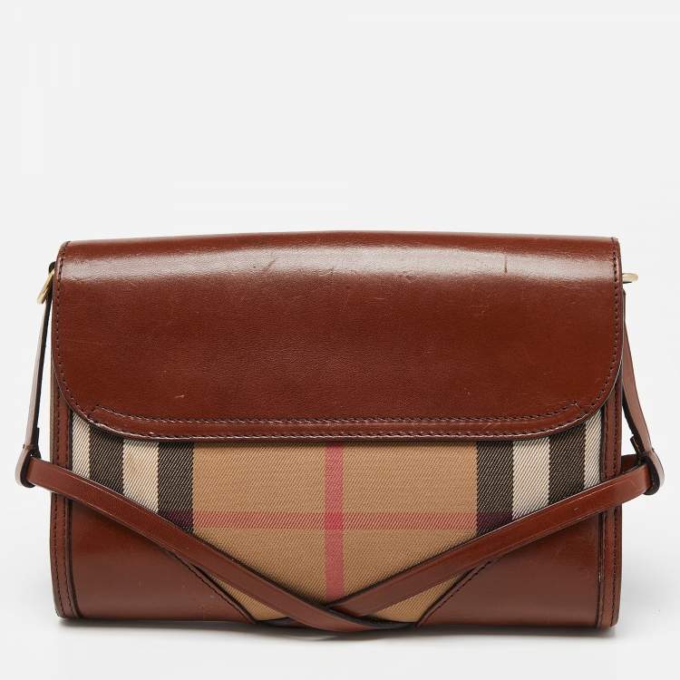 Pre Owned Burberry Brown/Beige House Check Canvas and Leather Abbott Shoulder Bag