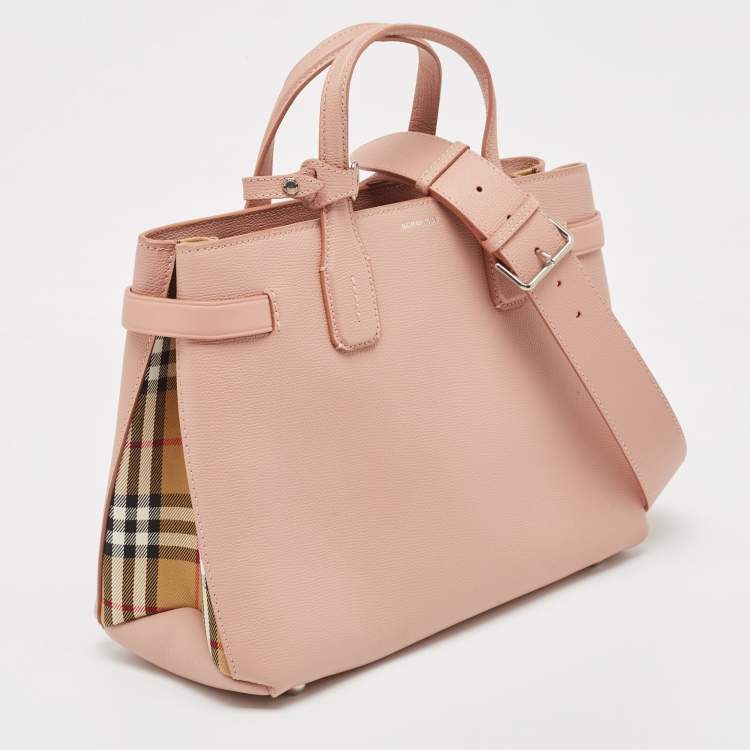 Pre Owned Burberry Pink Leather and House Check Fabric Medium Banner Derby Tote
