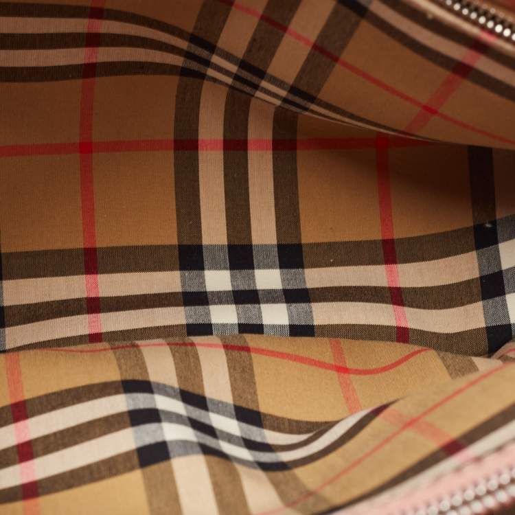 Pre Owned Burberry Pink Leather and House Check Fabric Medium Banner Derby Tote